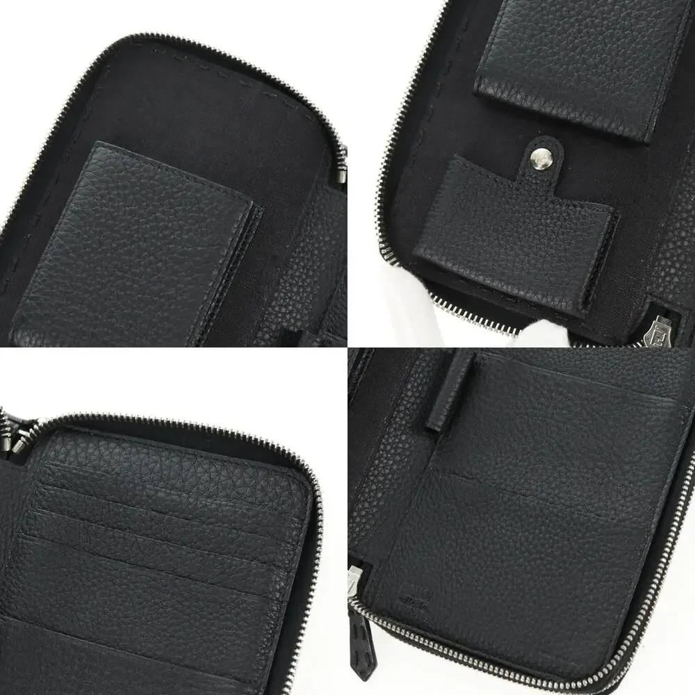 Fendi Leather Selleria Double Zip Organizer Wallet Black